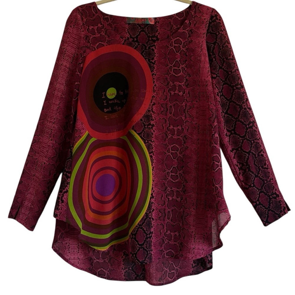 Desigual Abstract Art Blouse Poetry Graphic Snake Print Boho Statement Top